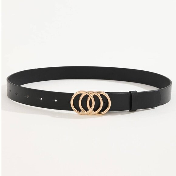 Vegan Leather 3-Ring Buckle Gold Color Belt Black - Picture 3 of 4